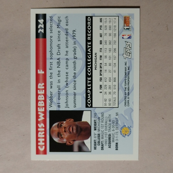 1994 TOPPS #224 CHRIS WEBBER Rookie Card RC Golden State Warriors - Picture 4 of 6